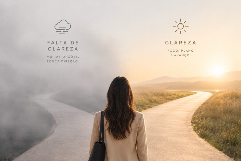 Clareza e Motivação no Negócio - Caminho embaçado representando falta de clareza versus caminho claro no negócio digital